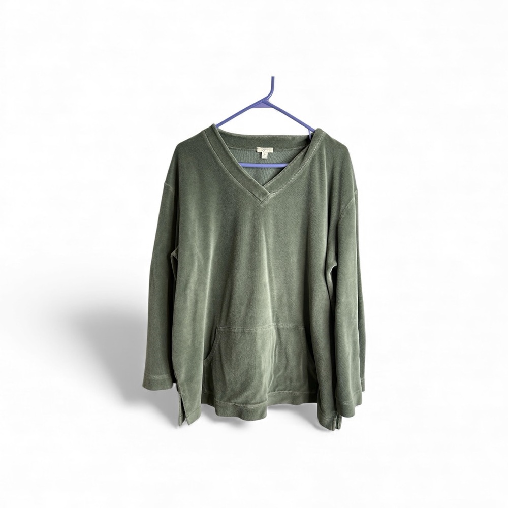 J Jill Womens XL Long Sleeve V Neck Velour Pullover Green 4611